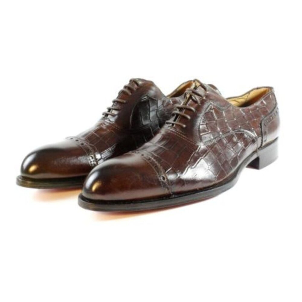 Italian Handmade Men's Leather Shoe / Ali Half Crocodile Printed Brown Calfskin